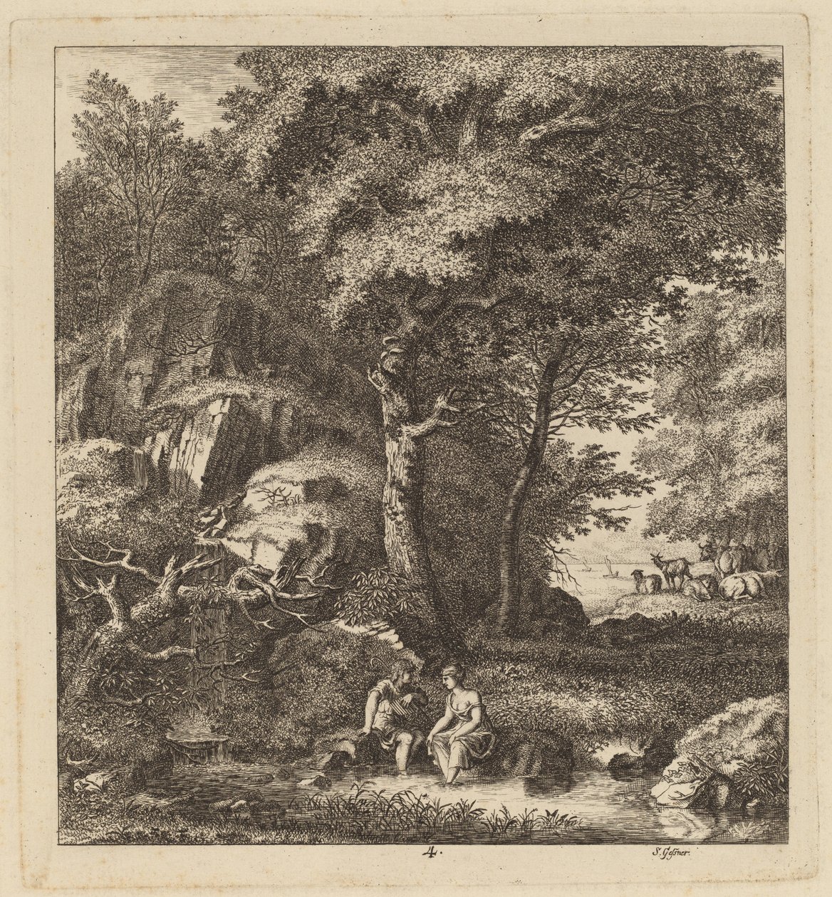 Un pastore e una giovane donna con i piedi in un ruscello da Salomon Gessner