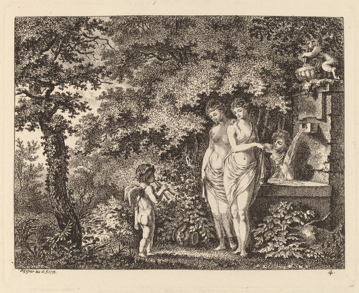 Eros con tre ragazze a una fontana da Salomon Gessner