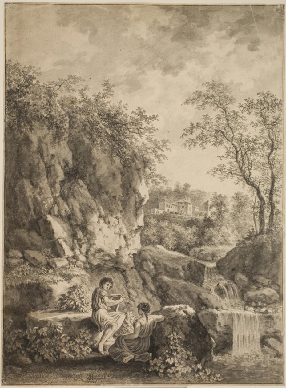 Paesaggio roccioso con un ruscello. In primo piano un giovane con un flauto di canna e una giovane donna da Salomon Gessner