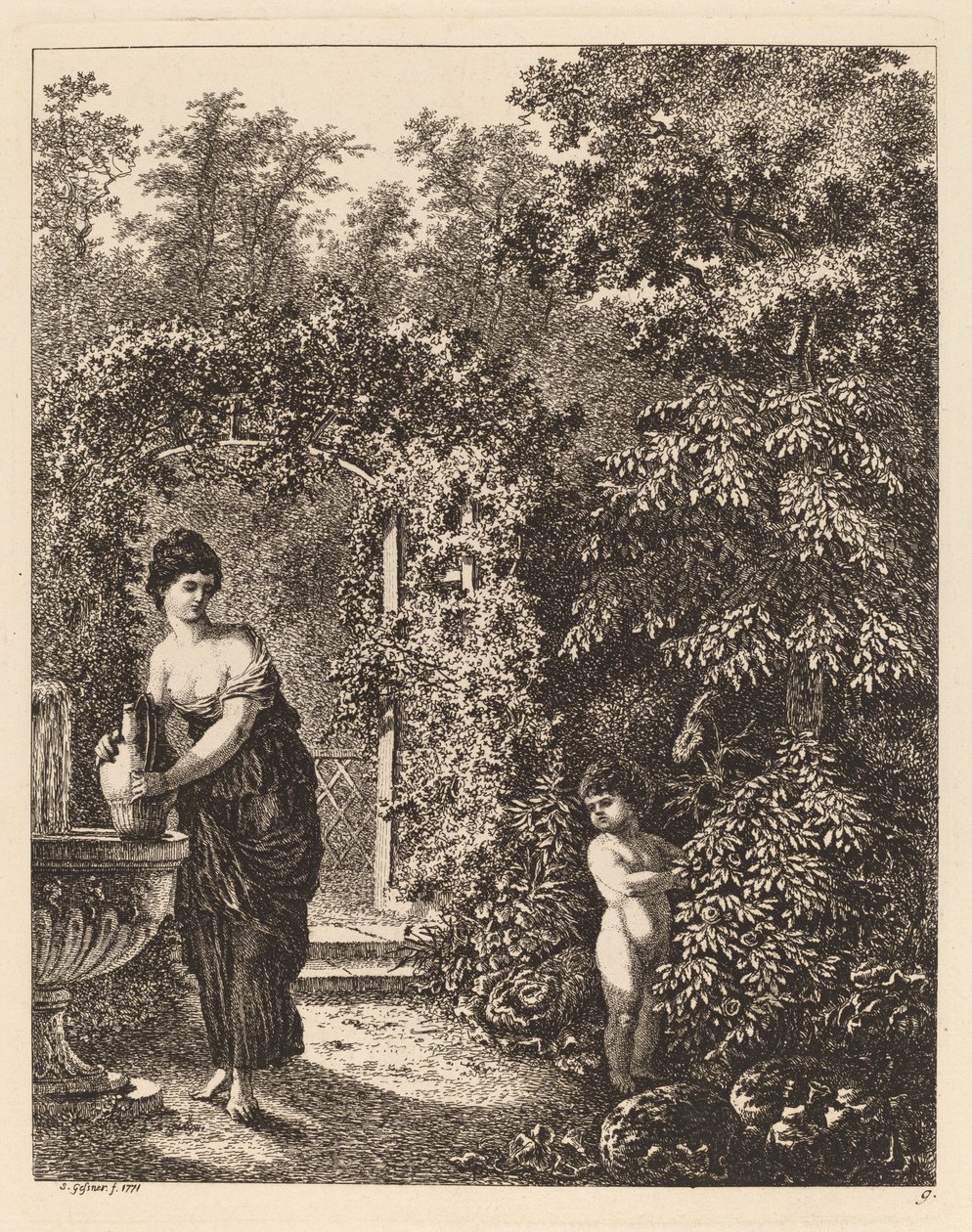 Putto che visita una ragazza a una fontana da Salomon Gessner