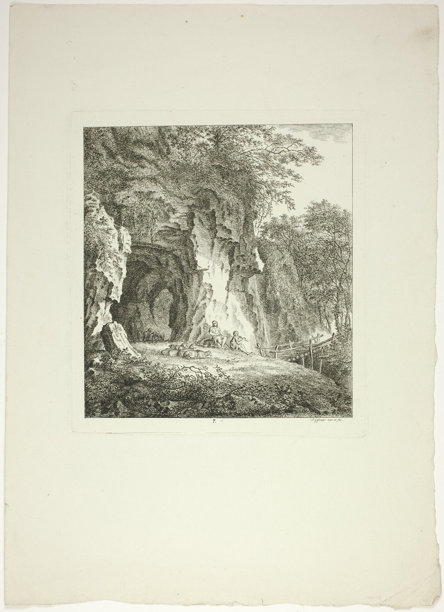 Pastori e pecore che si riposano sotto un ponte, tavola sette da Paysages Dédiés à M. Warelet da Salomon Gessner