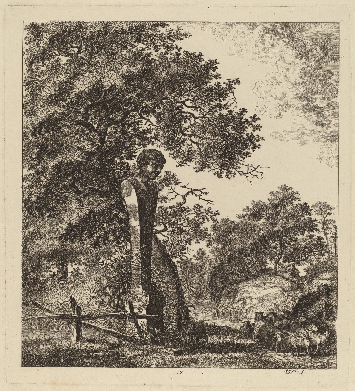 Paesaggio boscoso con un gregge di capre e un eremita da Salomon Gessner