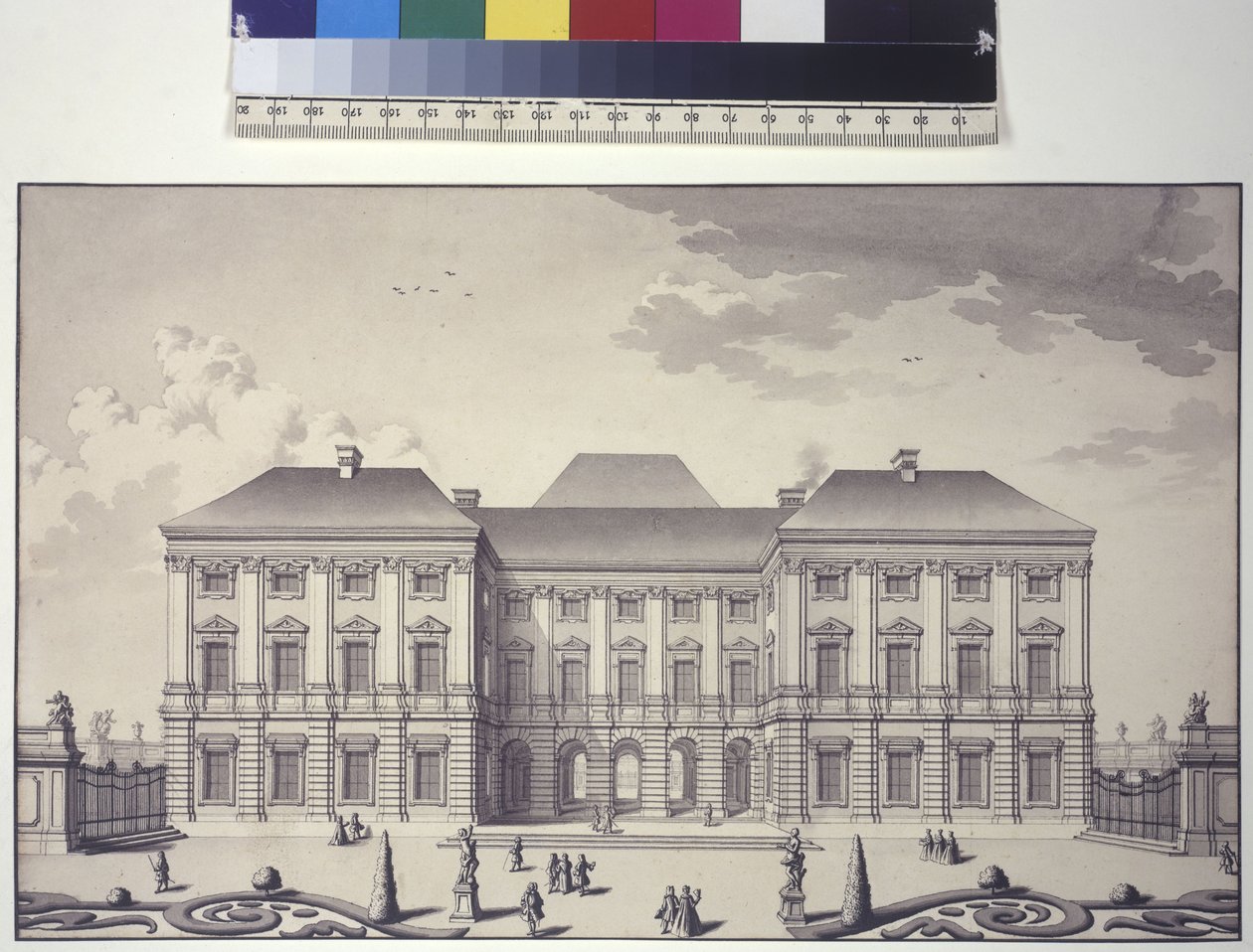 Pagina intera: vista frontale della facciata del giardino di Palazzo Liechtenstein a Rossau (disegno a penna e inchiostro) da Salomon Kleiner