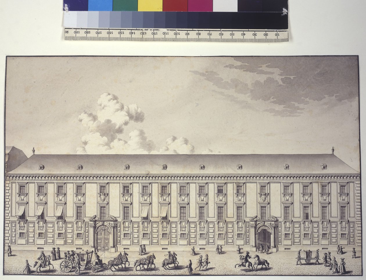 Pagina intera: vista frontale del palazzo a Nos (disegno a penna e inchiostro) da Salomon Kleiner