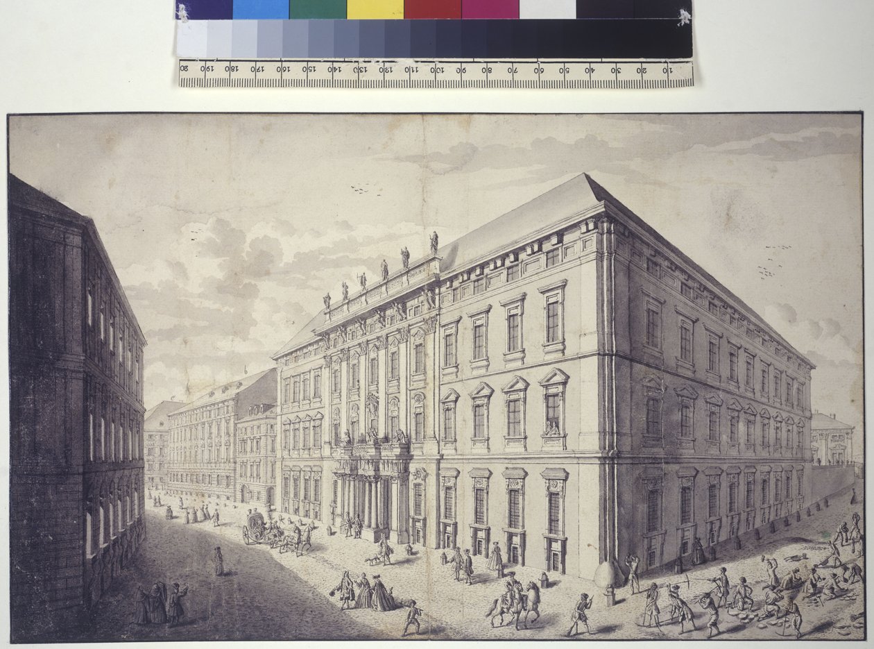 A tutta pagina: veduta obliqua del palazzo comunale di Kaunitz-Liechtenstein a No (disegno a penna e inchiostro) da Salomon Kleiner