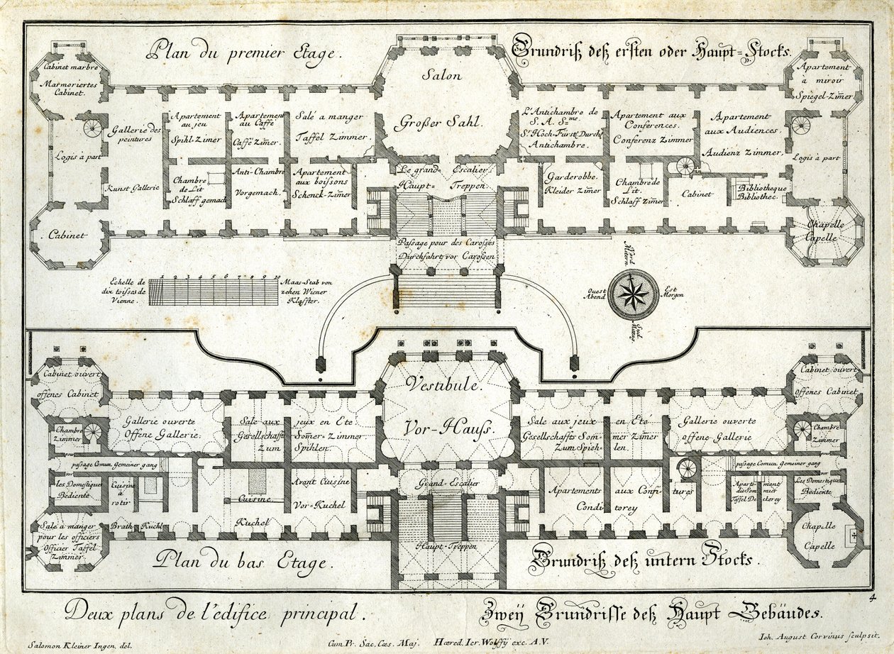 Planimetria del piano terra e del piano nobile del castello superiore da Salomon Kleiner