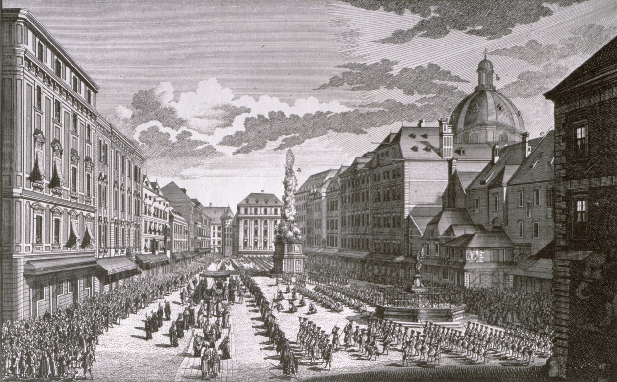 Veduta di una processione nel Graben incisa da Georg-Daniel Heumann (1691-1759) da Salomon Kleiner