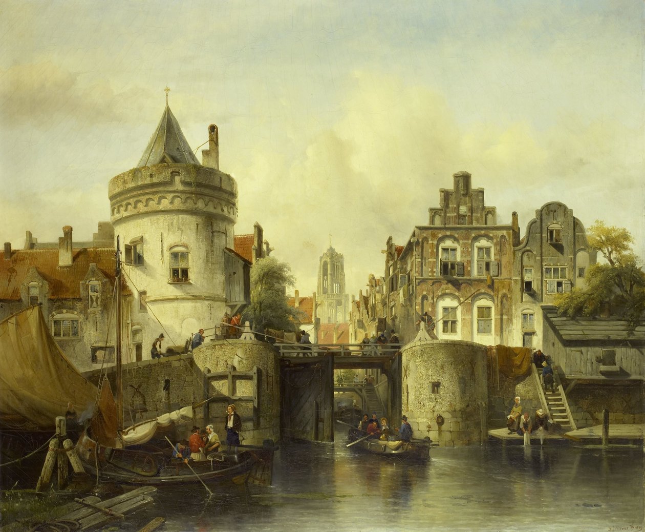 Veduta immaginaria basata sul Kolksluis, Amsterdam da Salomon Leonardus Verveer