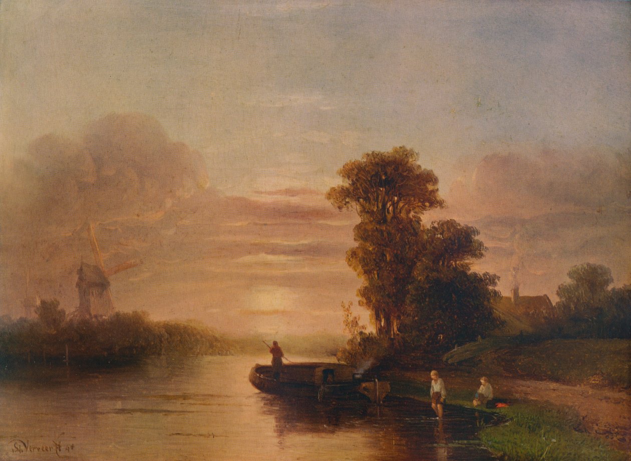 Tramonto su un fiume, con mulino a vento e cottage, 1848 da Salomon Leonardus Verveer