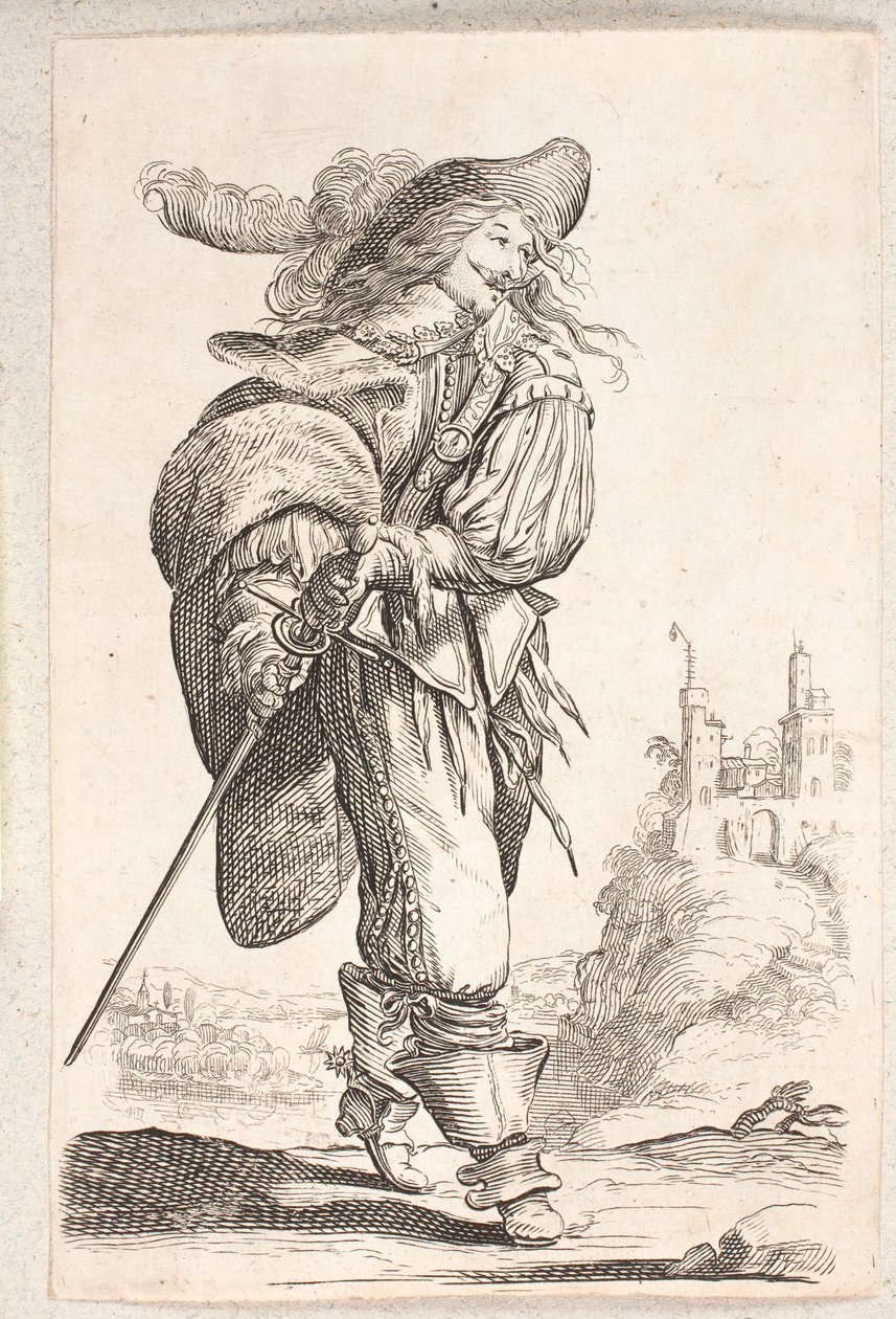 Uomo che cammina, profilo tre quarti a destra, che afferra la spada al fianco. Sullo sfondo un castello da Salomon Savery