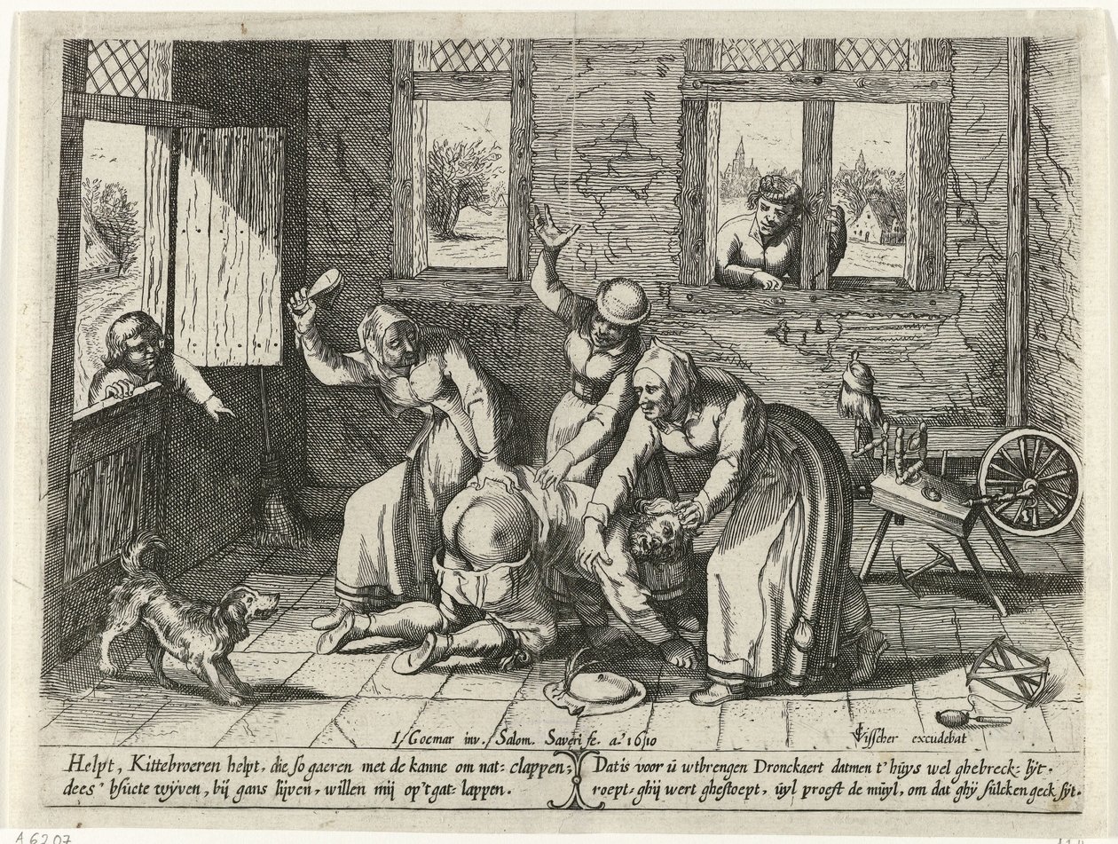 Uomo picchiato da tre donne da Salomon Savery