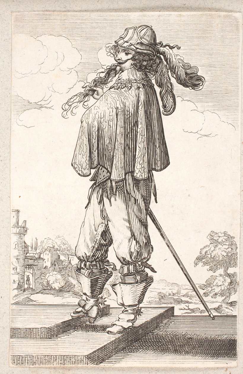 Uomo, profilo a sinistra, con spada e cappello piumato, salendo due gradini da Salomon Savery