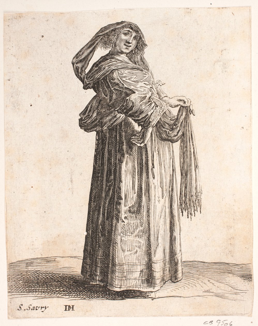 Donna in piedi di profilo destro. Testa girata in avanti. Indossa una sciarpa nei capelli da Salomon Savery