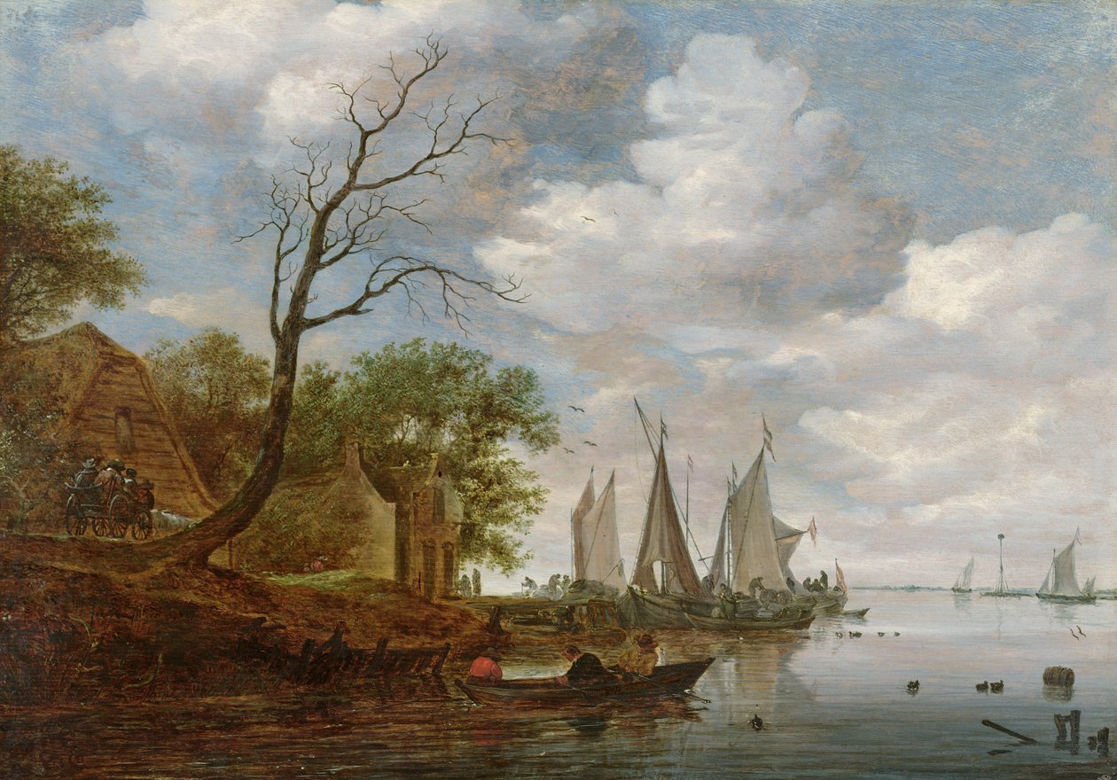 Scena fluviale con barche a vela che scaricano sulla riva da Salomon van Ruisdael or Ruysdael