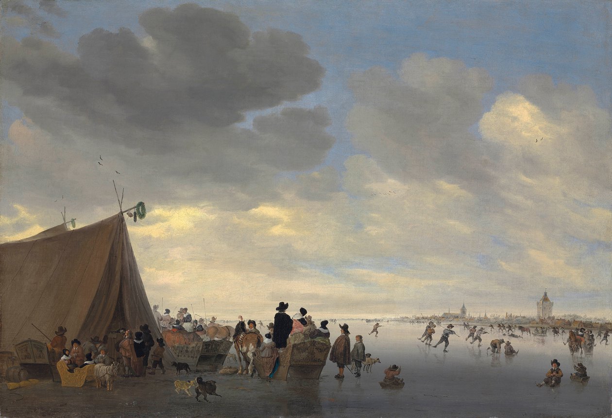 Pattinatori sul fiume Lek ghiacciato, la città di Vianen sullo sfondo da Salomon van Ruisdael or Ruysdael