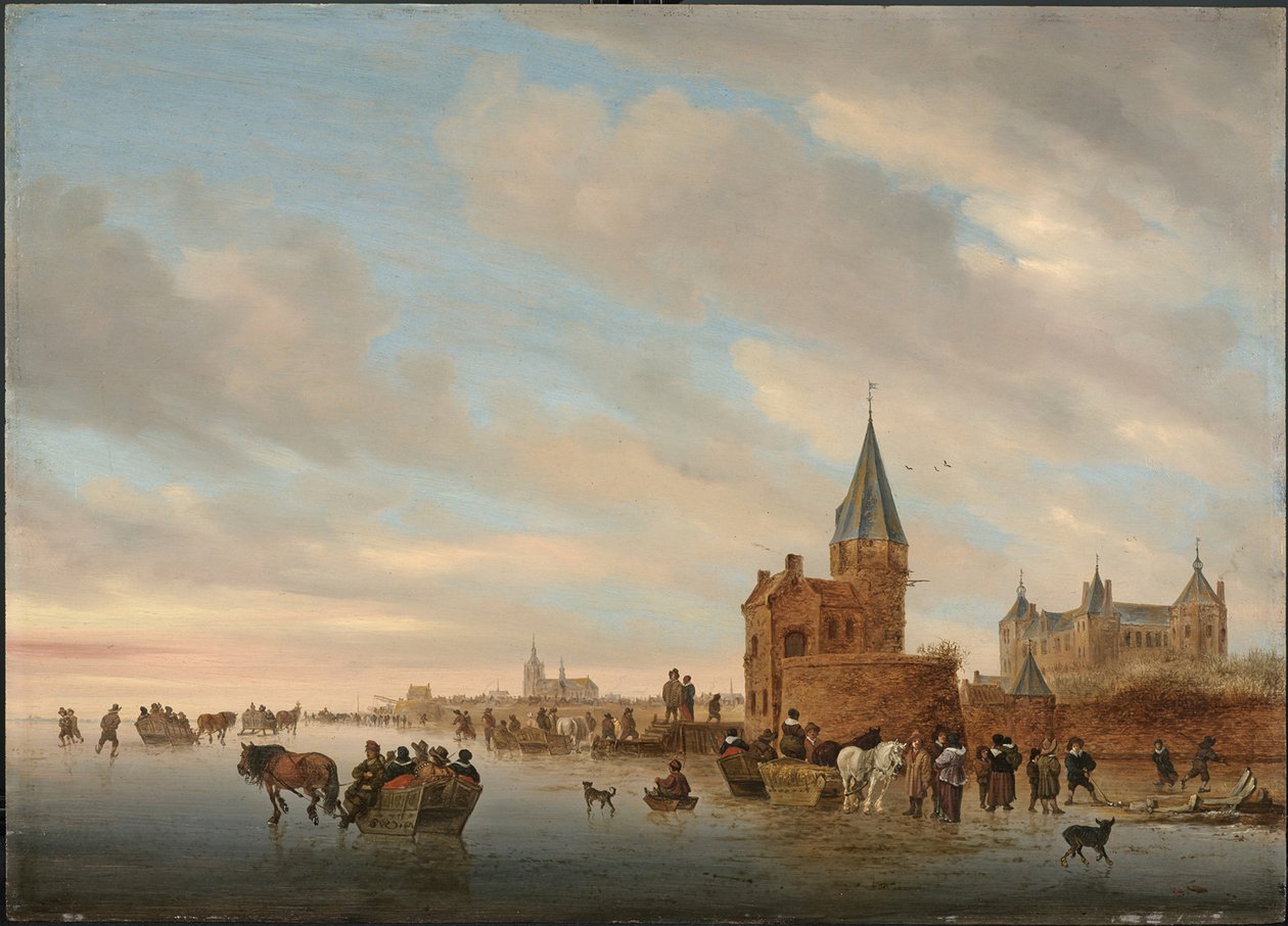 Paesaggio invernale con piaceri sul ghiaccio davanti a un Capriccio della città di Arnheim, 1652 da Salomon van Ruisdael or Ruysdael
