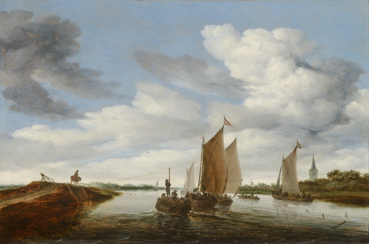 Paesaggio fluviale con barche a vela e una chiatta trainata da cavalli da Salomon van Ruysdael