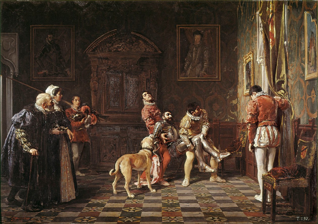Ritorno del torneo. Un giovane cavaliere ferito viene riportato al palazzo, sostenuto da due paggi. Dipinto di Salvador Martinez Cubells (1845-1914) 1881 Valencia. Museo di Belle Arti San Pio da Salvador Martinez Cubells