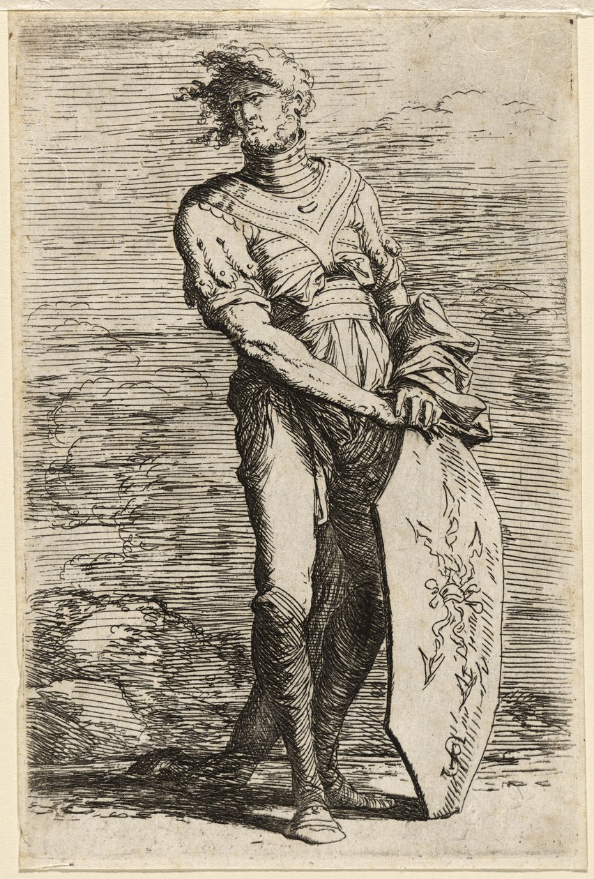Un guerriero in piedi con uno scudo ottagonale allungato, c.1656-57 da Salvator Rosa