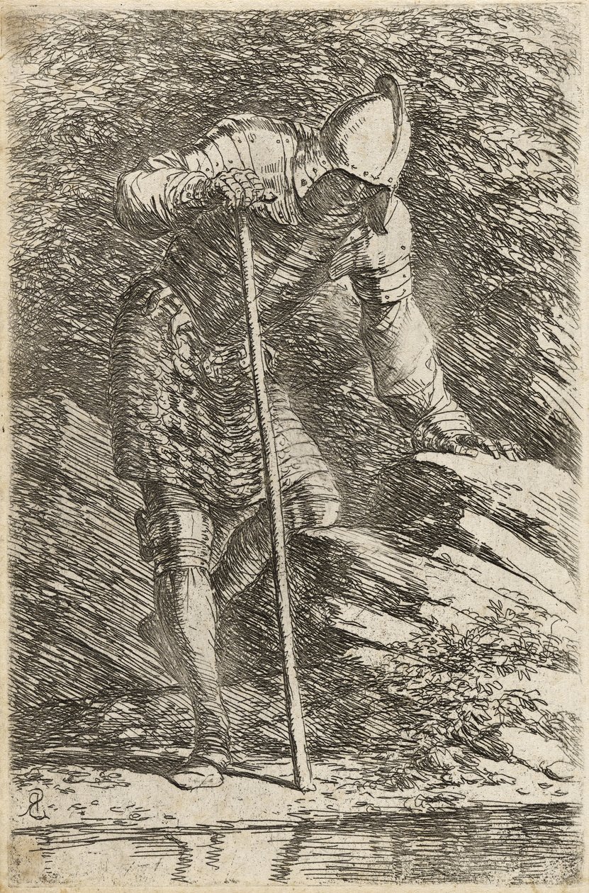 Soldato con elmo e armatura che osserva un ruscello, c.1656-57 da Salvator Rosa