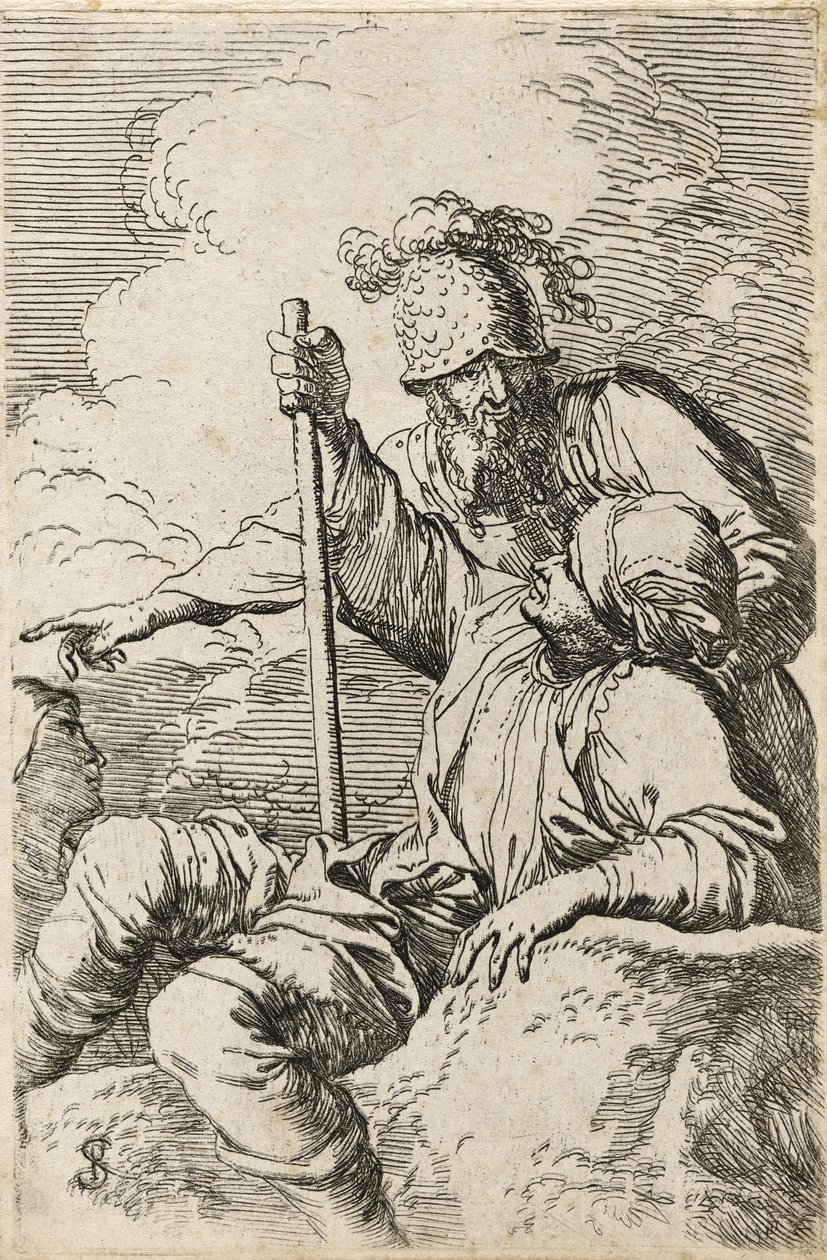 Tre guerrieri, uno seduto su una roccia in primo piano con un bastone; il secondo in piedi dietro di lui che punta; il terzo visto come un volto dietro di loro, c.1656-57 da Salvator Rosa