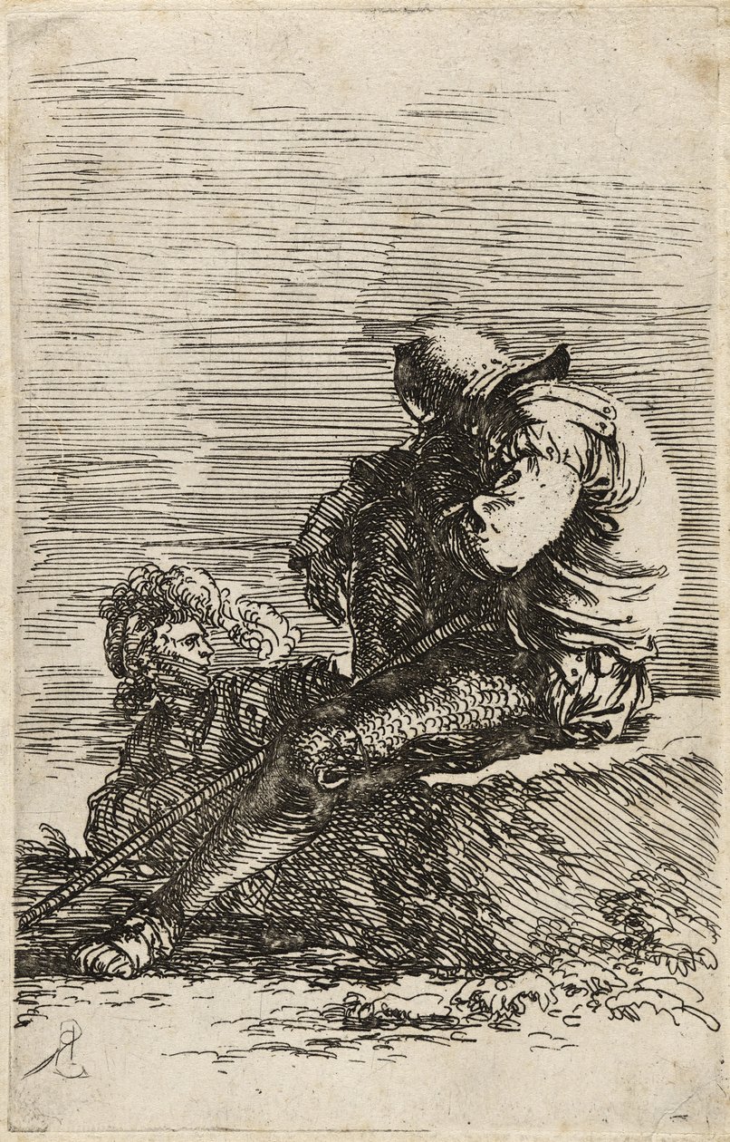 Due soldati, uno seduto su un gradino con un bastone, c.1656-57 da Salvator Rosa