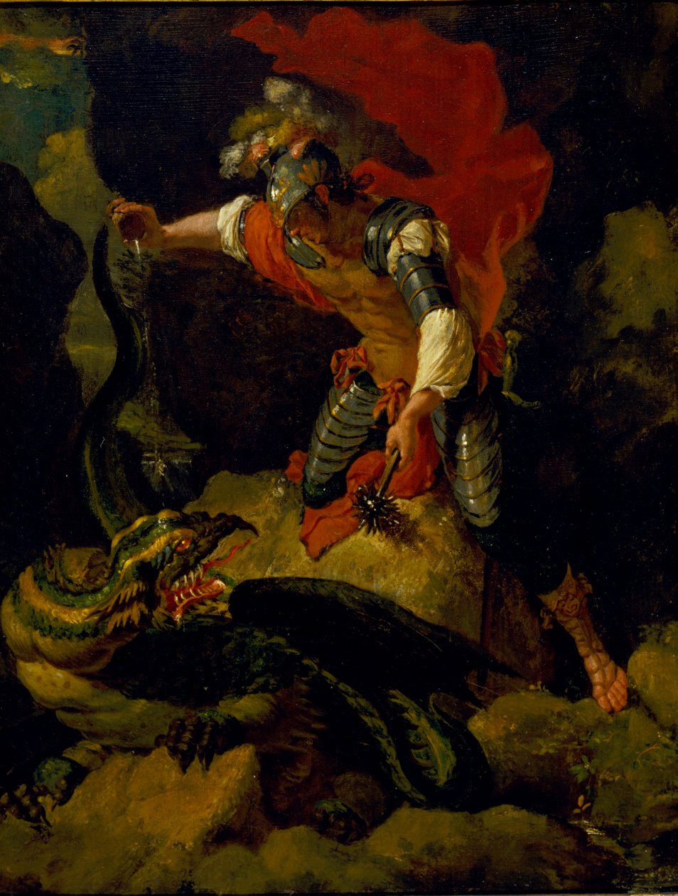 Giasone che avvelena il drago (olio su pannello di quercia) da Salvator (after) Rosa