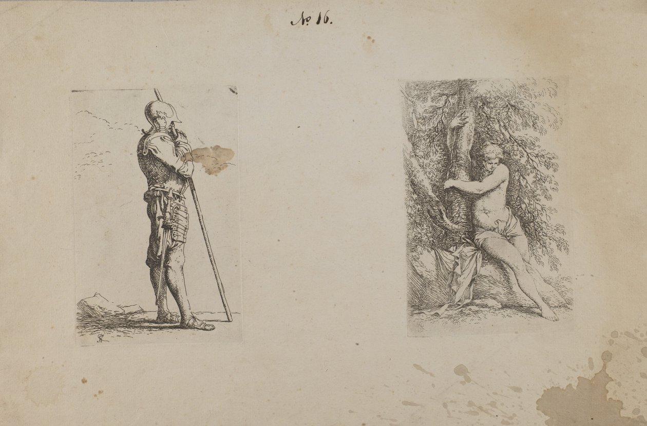 (Serie di figurine) Uomo corazzato che impugna la lancia da Salvator Rosa