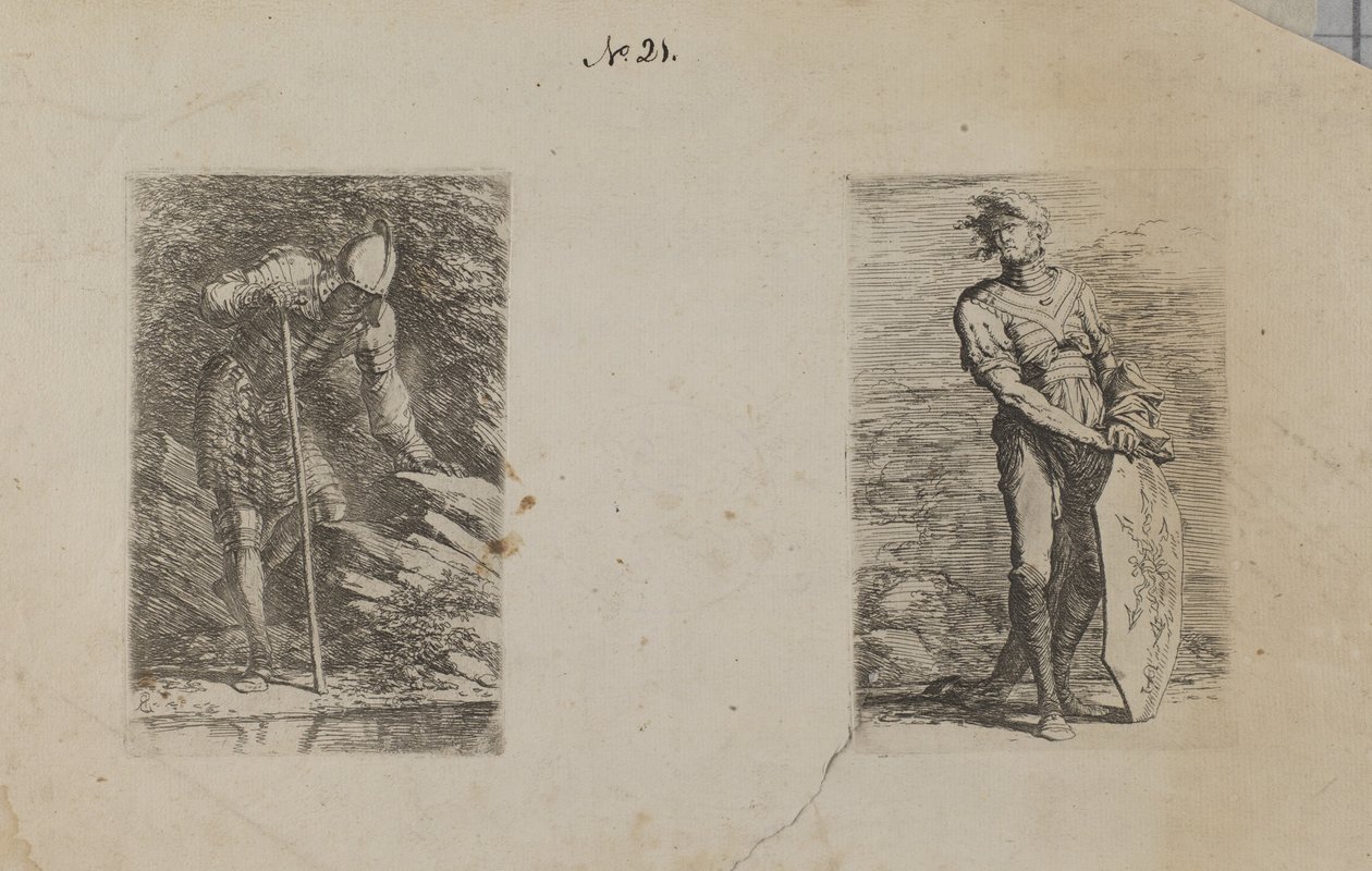 (Serie di figurine) Uomo corazzato che guarda nella corrente da Salvator Rosa