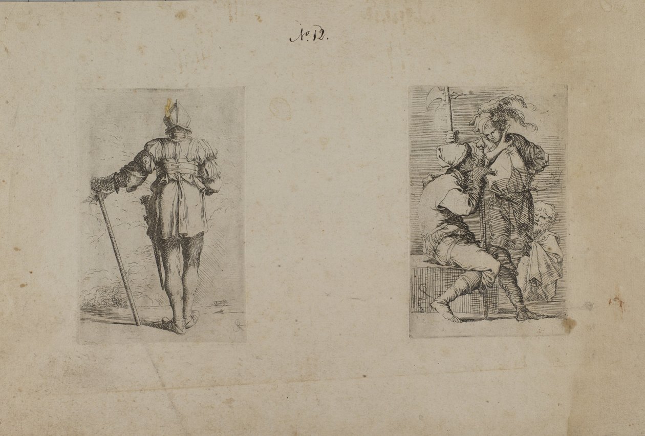 (Serie di figurine) Dorso di uomo elmato, in piedi da Salvator Rosa
