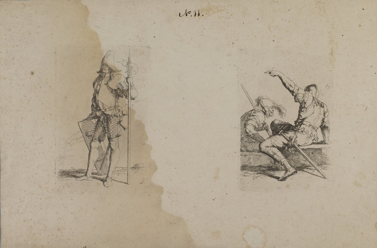 (Serie di figurine) Uomo con elmo e lancia ornata/Ax da Salvator Rosa