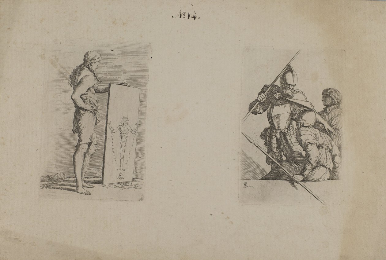 (Serie di figurine) Uomo dai capelli lunghi con cartello in mano da Salvator Rosa