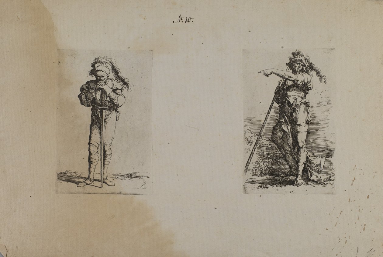 (Serie di figurine) Vecchio con cappello piumato, mani a riposo da Salvator Rosa
