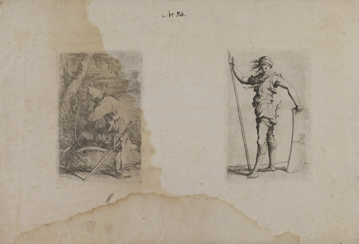 (Serie di figurine) Uomo seduto con elmetto a punta da Salvator Rosa