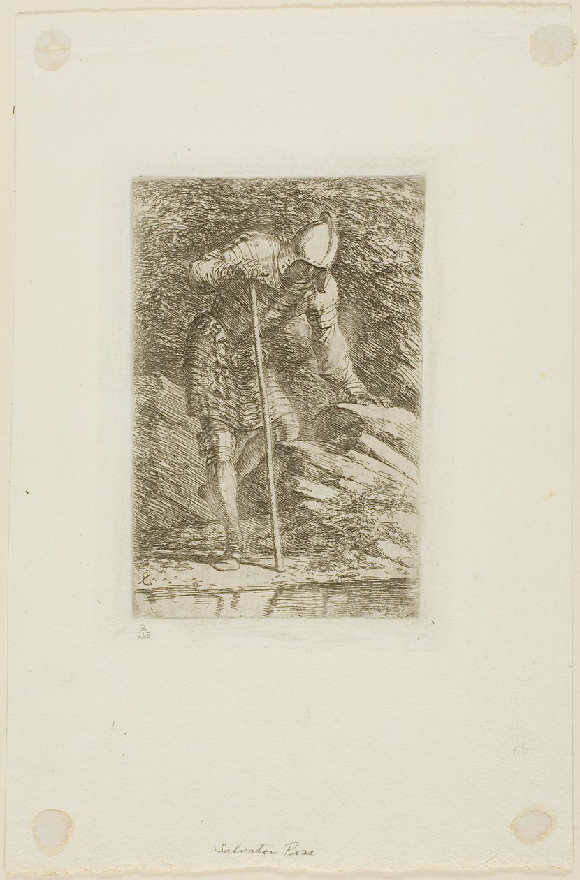 Un guerriero in armatura completa in una grotta da Salvator Rosa