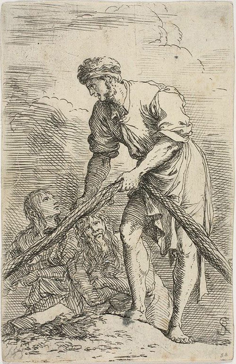 Un uomo che tira una rete, con due figure dietro di lui, dalla serie Figurine da Salvator Rosa