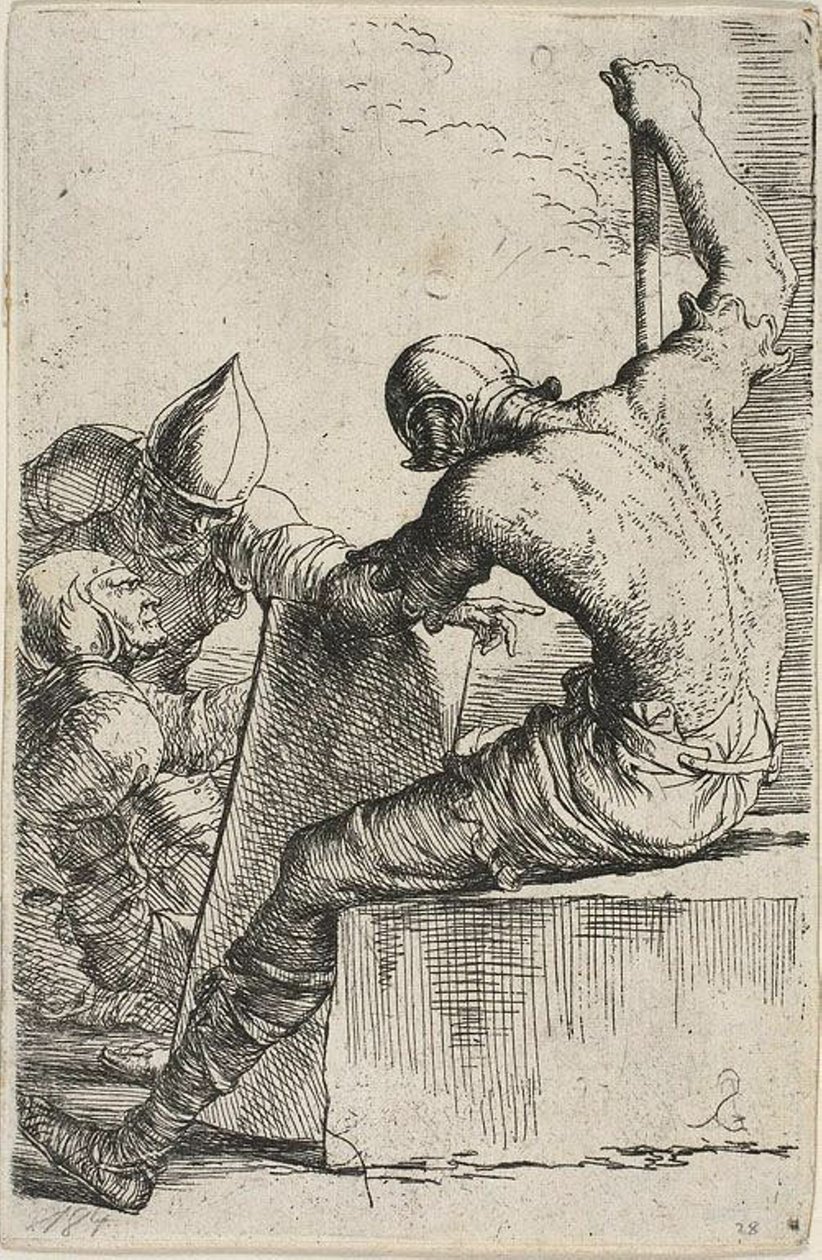 Un guerriero, seduto su un blocco in primo piano, tiene uno scudo e un bastone e si gira verso due guerrieri dietro di lui, dalla serie Figurine da Salvator Rosa