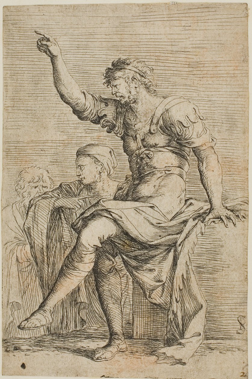 Un guerriero seduto su un blocco e gesticola; due figure sono dietro di lui, dalla serie Figurine da Salvator Rosa