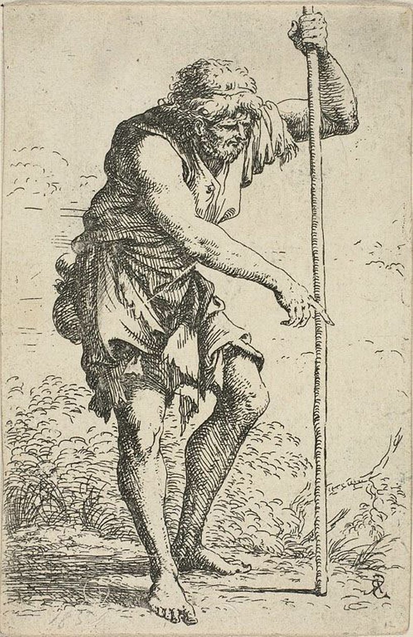 Un vecchio uomo stracciato con un bastone e una terra al fianco, da Figurina da Salvator Rosa