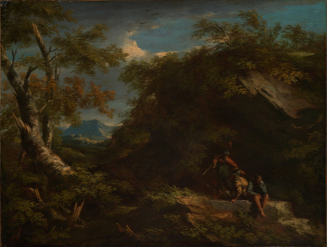 Paesaggio boschivo montuoso con guerrieri in riposo da Salvator Rosa