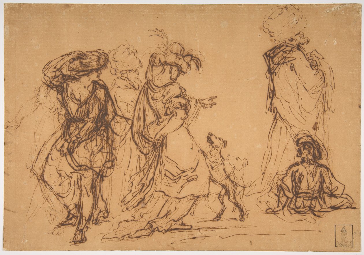 Fünf Figuren in fantastischen Kostümen mit zwei Hunden da Salvator Rosa