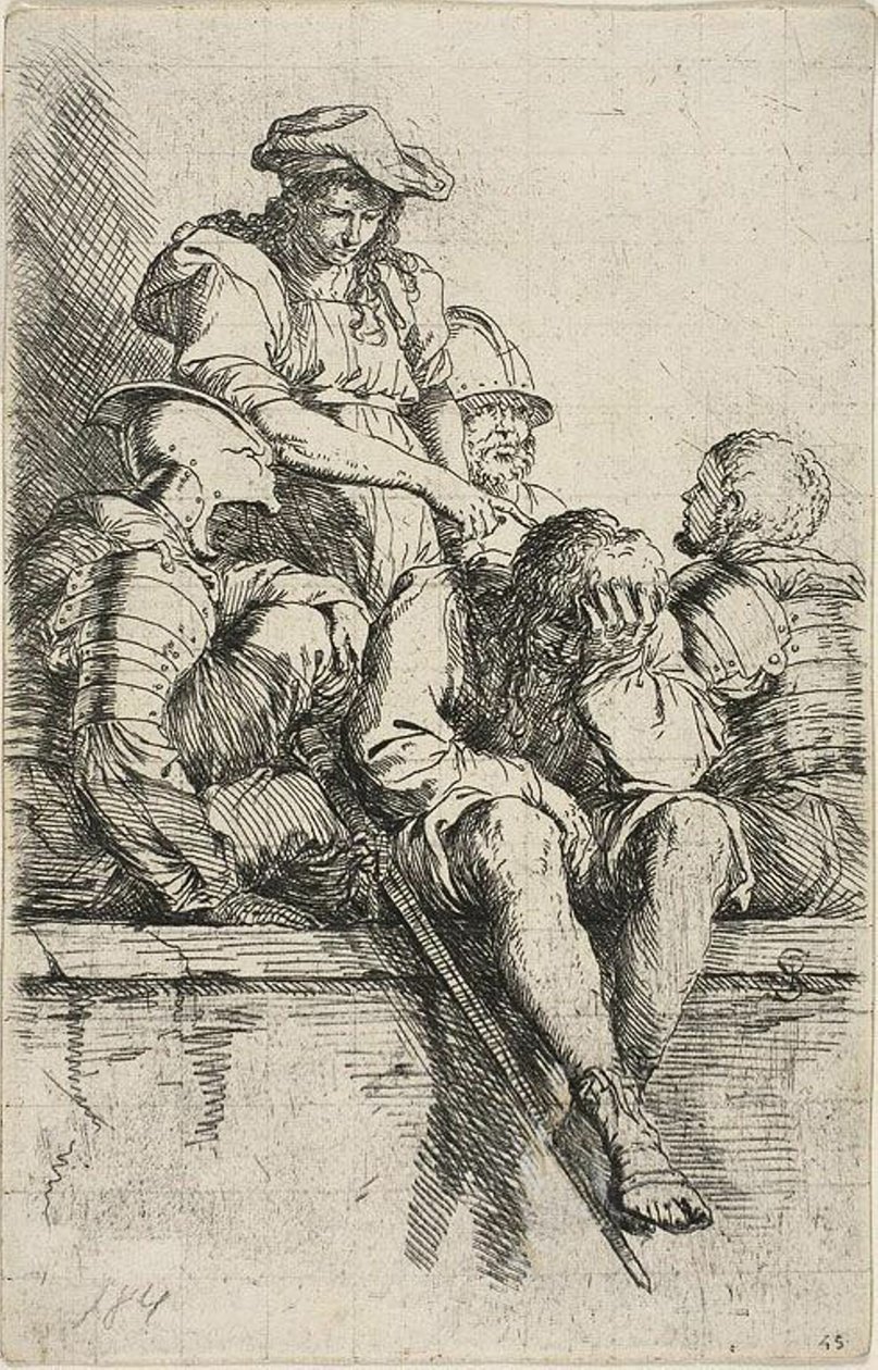 Quattro guerrieri e un giovane in piedi che indica uno di loro, dalla serie Figurine da Salvator Rosa