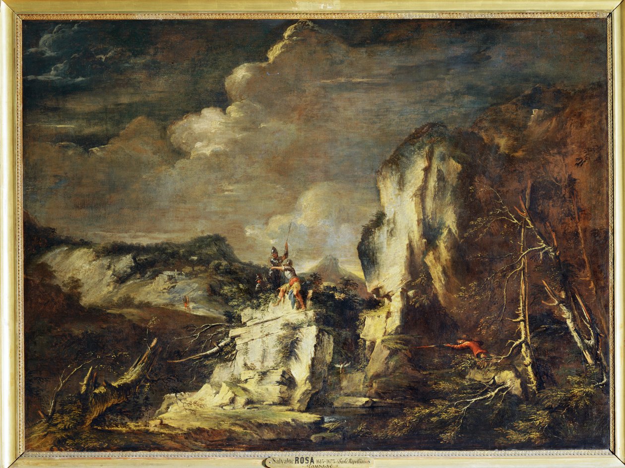 Paesaggio roccioso con un cacciatore e guerrieri - Un paesaggio roccioso ... da Salvator Rosa