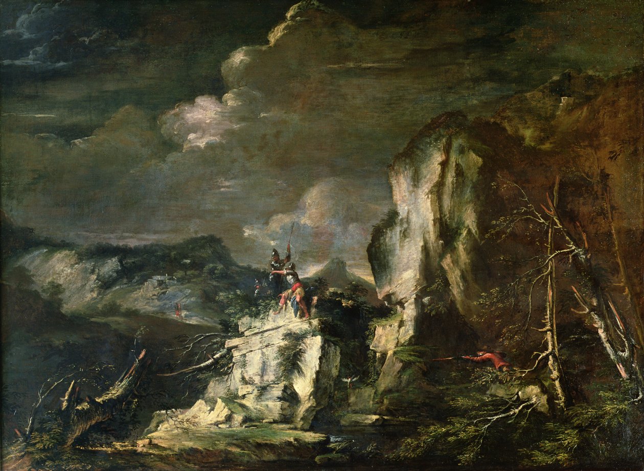 Paesaggio roccioso con un cacciatore e guerrieri da Salvator Rosa