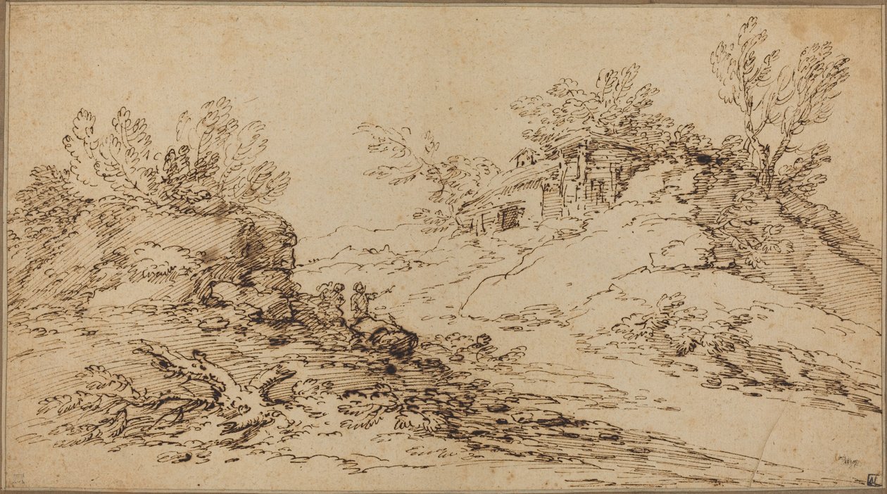 Paesaggio roccioso con una casa rustica da Salvator Rosa