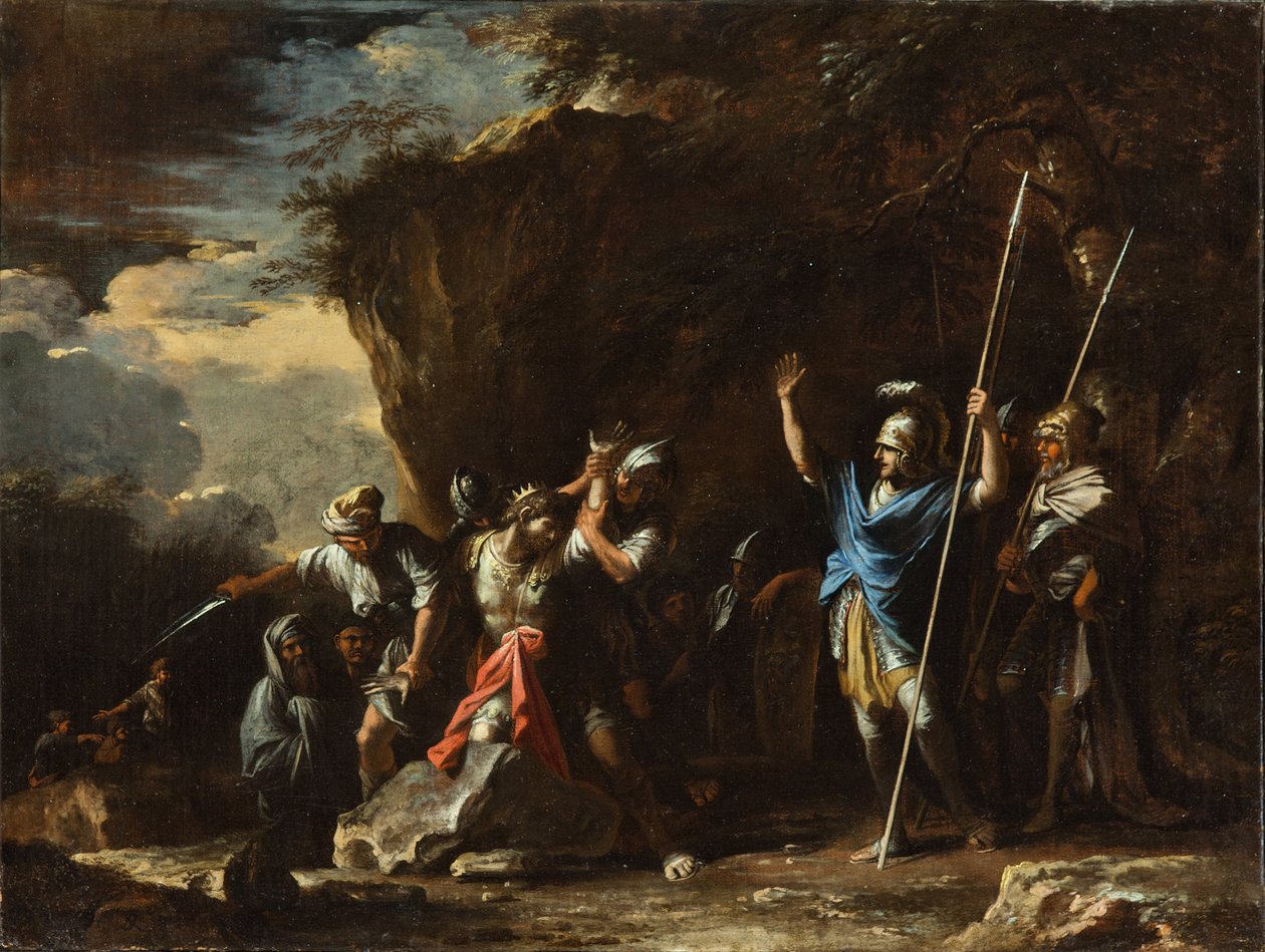 Scena tratta dalla storia greca: il figlio sordomuto del re Creso impedisce ai Persiani di uccidere suo padre da Salvator Rosa