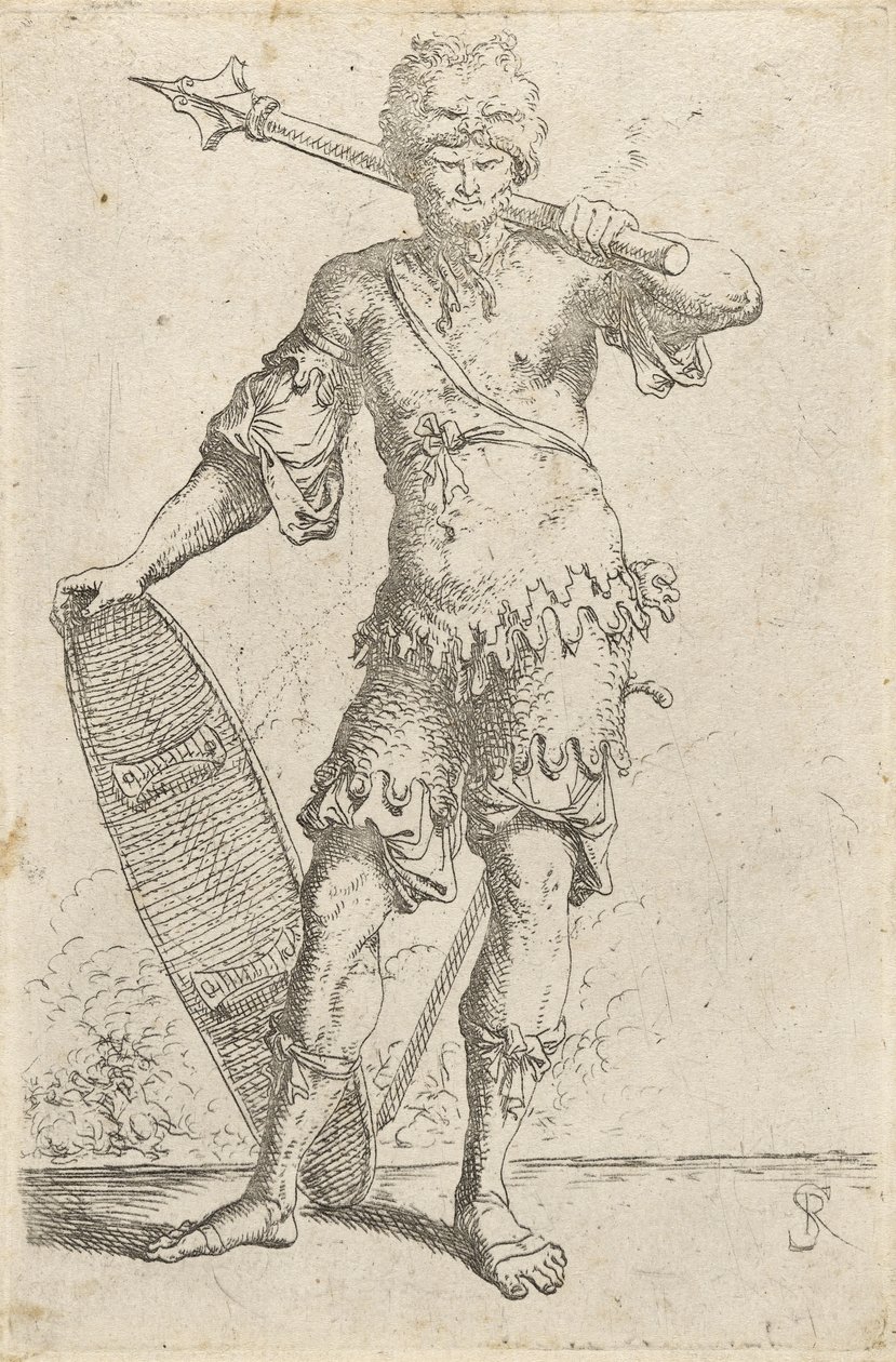 Guerriero esotico in piedi con cappello a testa di leone, che tiene una mazza e uno scudo, c.1656-57 da Salvator Rosa