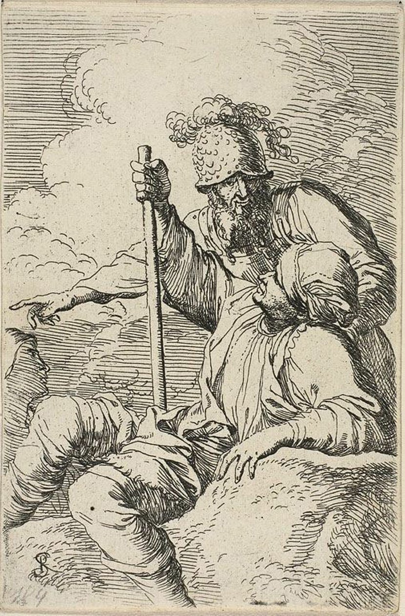 Tre Guerrieri, uno seduto su una roccia in primo piano con un bastone; il secondo in piedi dietro di lui e che indica, il terzo visto come un volto dietro di loro, dalla serie Figurine da Salvator Rosa