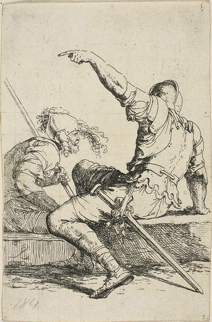 Due guerrieri seduti su rocce basse da Salvator Rosa