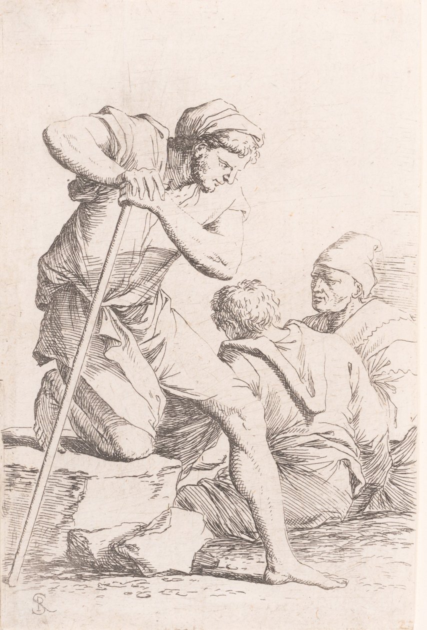 Due uomini seduti e un altro uomo che tiene un bastone inginocchiato su una roccia, dalla serie, ca. 1656-1657 da Salvator Rosa
